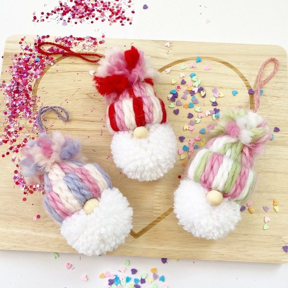 Valentine's Day Handmade Gnome Pom Pom Mini Knit Hat Charm Topper Gift Wrap Hang - Picture 1 of 4